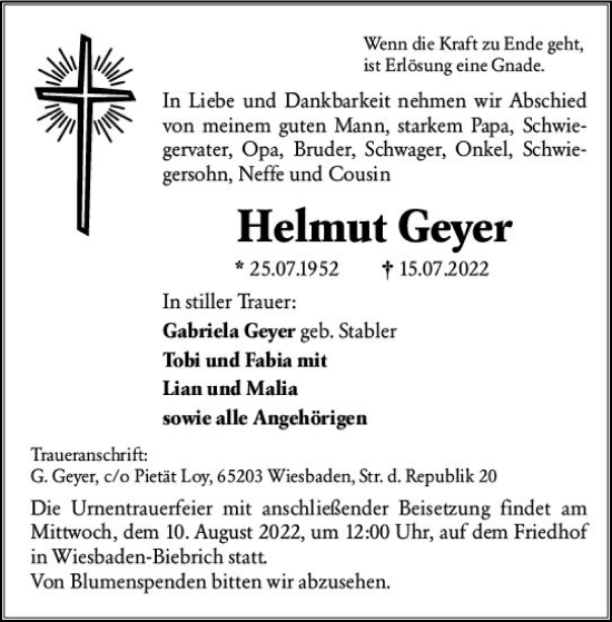Traueranzeige von Helmut Geyer von vrm-trauer Wiesbadener Kurier