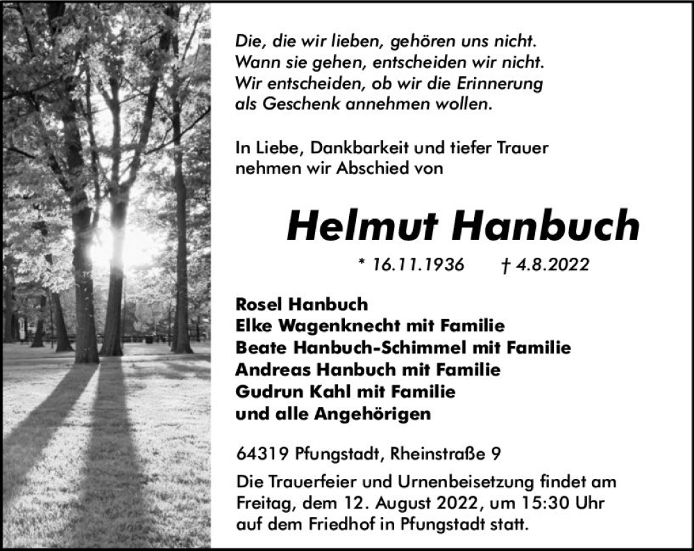  Traueranzeige für Helmut Hanbuch vom 10.08.2022 aus vrm-trauer Darmstädter Echo