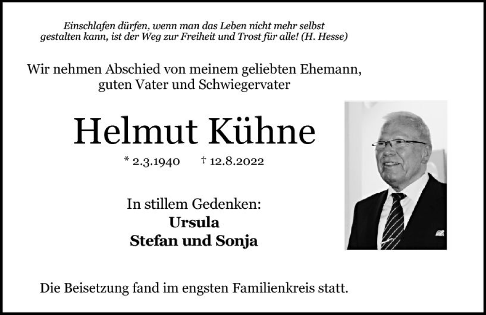  Traueranzeige für Helmut Kühne vom 20.08.2022 aus vrm-trauer AZ Mainz