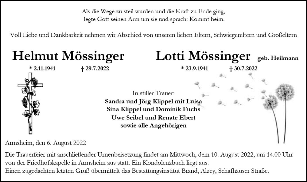  Traueranzeige für Helmut Mössinger vom 06.08.2022 aus vrm-trauer Allgemeine Zeitung Alzey