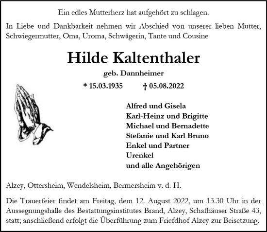 Traueranzeige von Hilde Kaltenthaler von vrm-trauer Allgemeine Zeitung Alzey