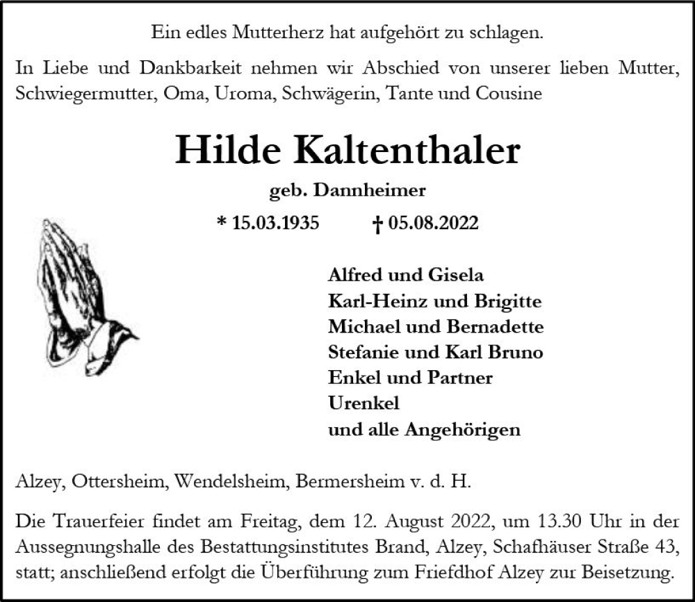  Traueranzeige für Hilde Kaltenthaler vom 09.08.2022 aus vrm-trauer Allgemeine Zeitung Alzey