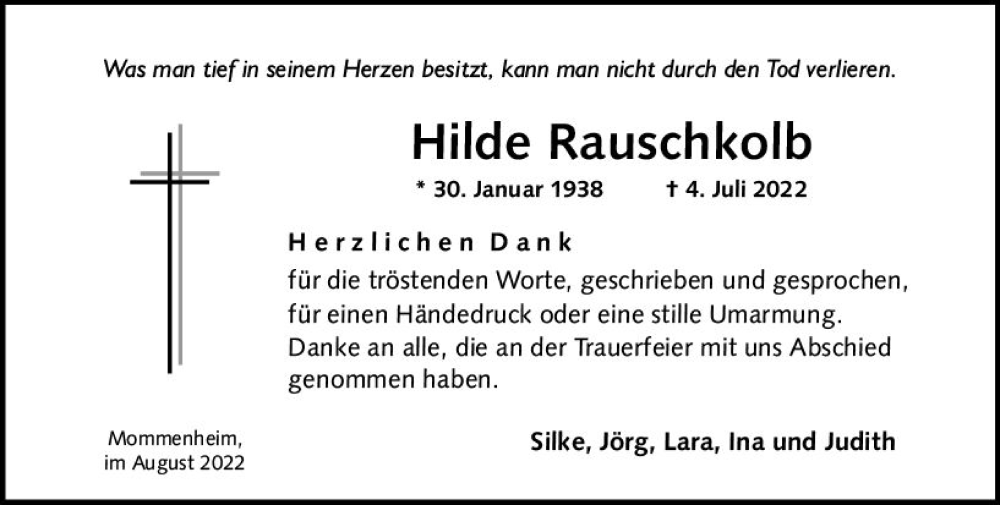  Traueranzeige für Hilde Rauschkolb vom 27.08.2022 aus vrm-trauer AZ Mainz