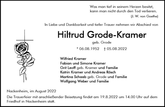 Traueranzeige von Hiltrud Grode-Kramer von vrm-trauer AZ Mainz