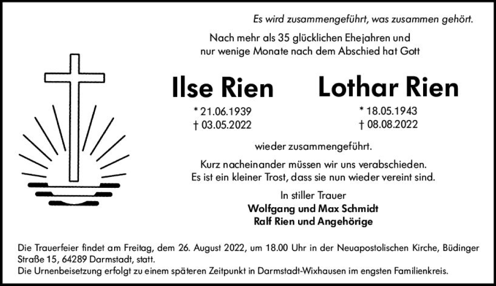 Traueranzeige für Ilse Rien vom 20.08.2022 aus vrm-trauer Darmstädter Echo