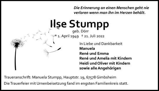 Traueranzeige von Ilse Stumpp von vrm-trauer AZ Mainz