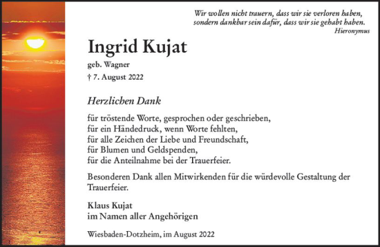 Traueranzeige von Ingrid Kujat von vrm-trauer Wiesbadener Kurier