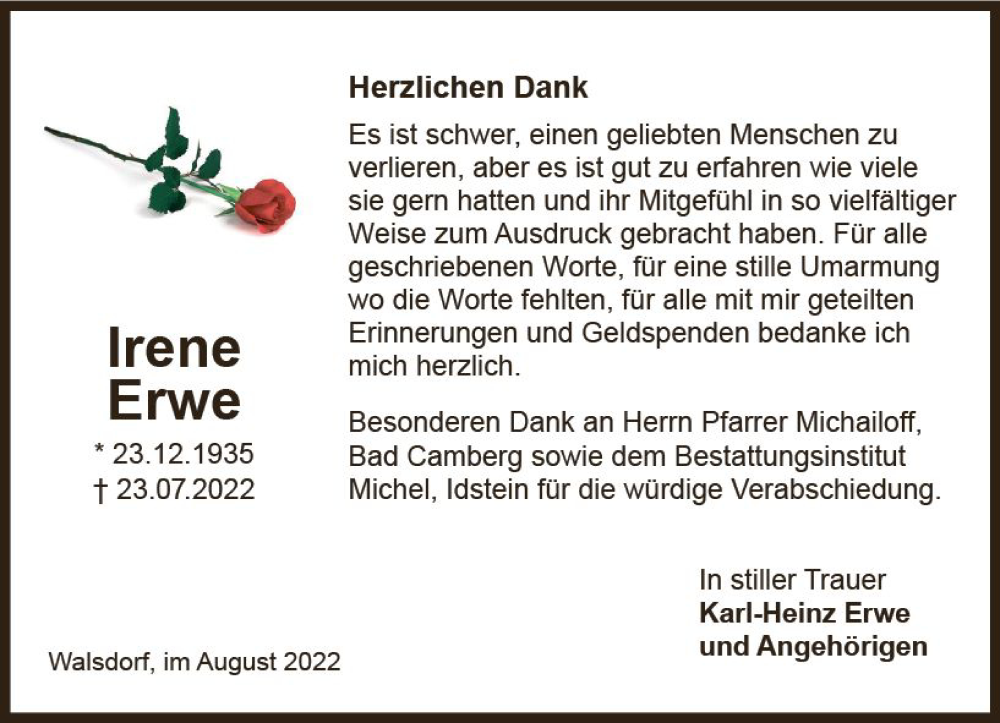  Traueranzeige für Irene Erwe vom 20.08.2022 aus vrm-trauer Idsteiner Zeitung
