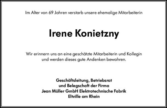 Traueranzeige von Irene Konietzny von vrm-trauer Rheingau