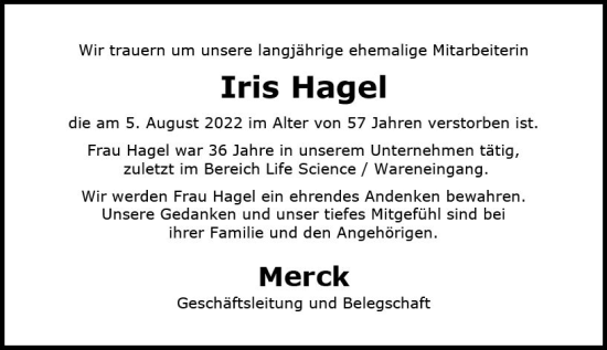 Traueranzeige von Iris Hagel von vrm-trauer Darmstädter Echo