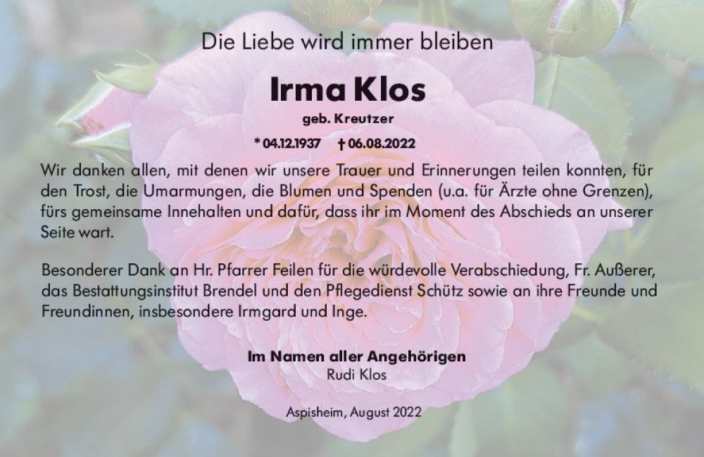  Traueranzeige für Irma Klos vom 31.08.2022 aus vrm-trauer Allgemeine  Zeitung Ingelheim-Bingen