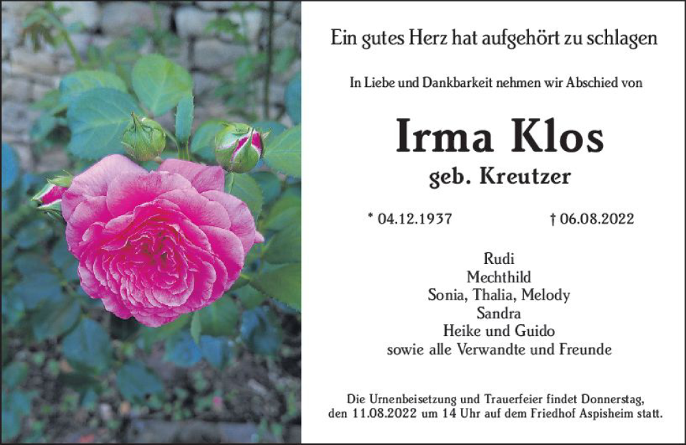  Traueranzeige für Irma Klos vom 09.08.2022 aus vrm-trauer Allgemeine  Zeitung Ingelheim-Bingen