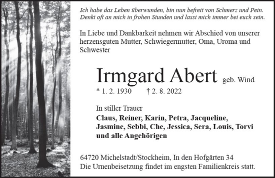 Traueranzeige von Irmgard Abert von vrm-trauer Odenwälder Echo