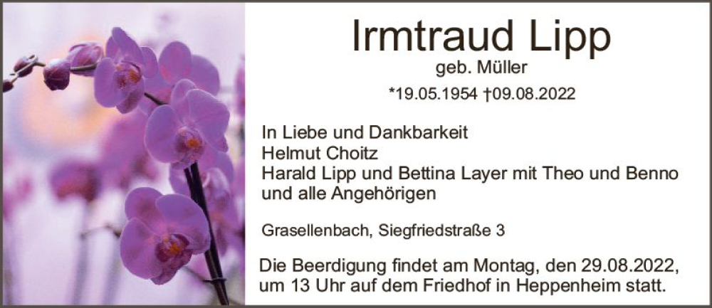  Traueranzeige für Irmtraud Lipp vom 27.08.2022 aus vrm-trauer Bürstädter/Lamperth. Ztg/Starkenburger