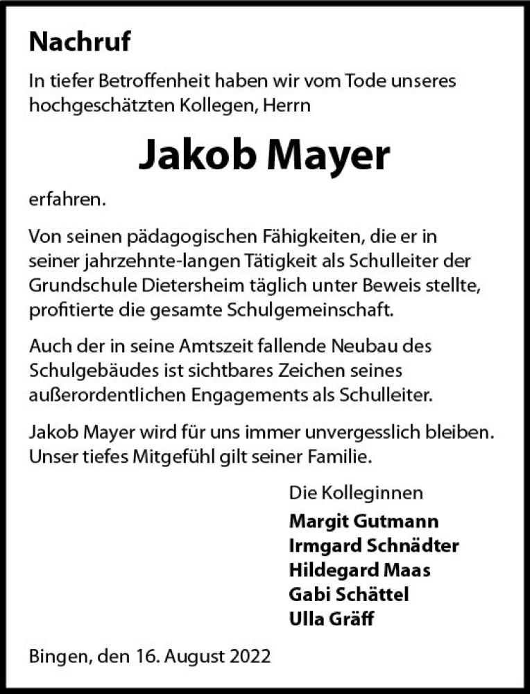  Traueranzeige für Jakob Mayer vom 20.08.2022 aus vrm-trauer Allgemeine  Zeitung Ingelheim-Bingen