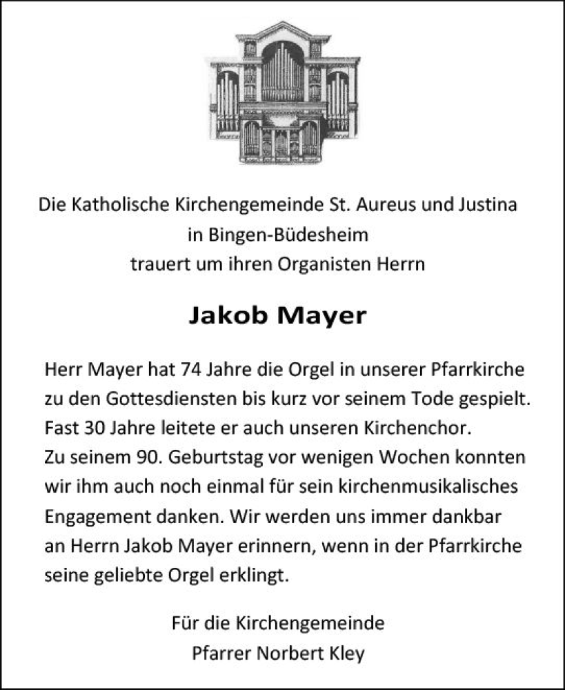  Traueranzeige für Jakob Mayer vom 20.08.2022 aus vrm-trauer Allgemeine  Zeitung Ingelheim-Bingen