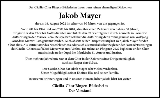 Traueranzeige von Jakob Mayer von vrm-trauer Allgemeine  Zeitung Ingelheim-Bingen