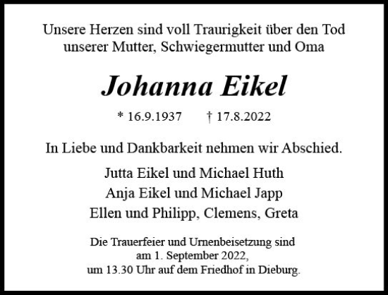 Traueranzeige von Johanna Eikel von vrm-trauer DieburgerAnzeiger/Groß-Zimmerner Lokala
