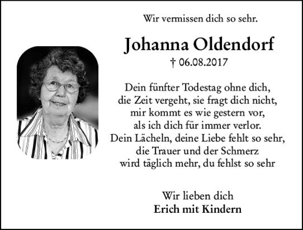  Traueranzeige für Johanna Oldendorf vom 06.08.2022 aus vrm-trauer Idsteiner Zeitung
