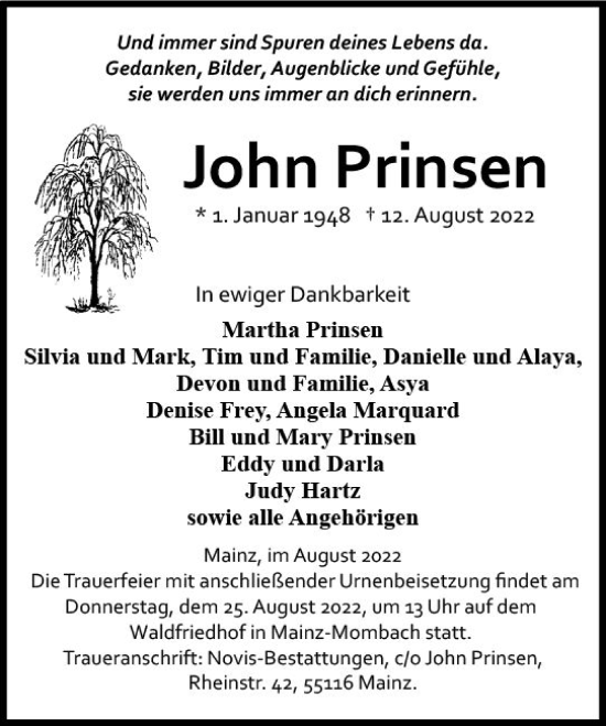 Traueranzeige von John Prinsen von vrm-trauer AZ Mainz