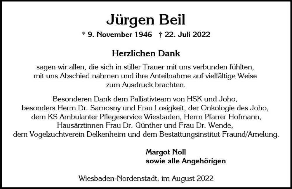  Traueranzeige für Jürgen Beil vom 20.08.2022 aus vrm-trauer Wiesbadener Kurier