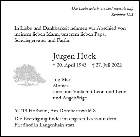 Traueranzeige von Jürgen Hück von vrm-trauer Hochheimer Zeitung
