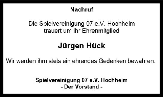 Traueranzeige von Jürgen Hück von vrm-trauer Hochheimer Zeitung