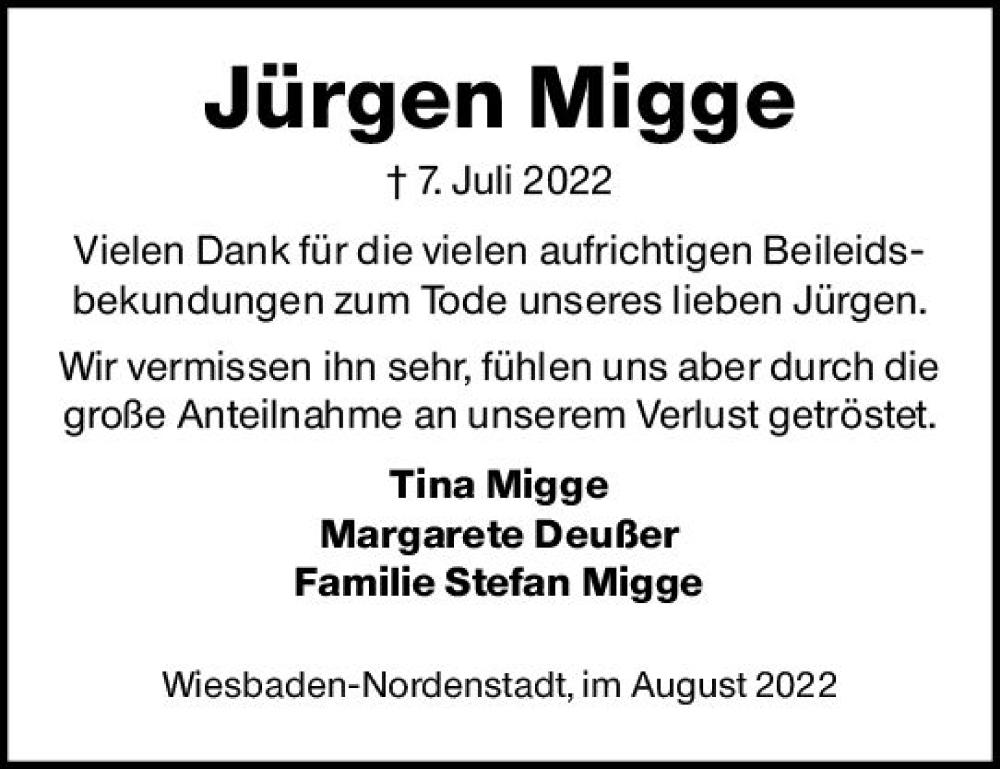  Traueranzeige für Jürgen Migge vom 13.08.2022 aus vrm-trauer Wiesbadener Kurier