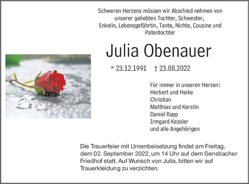  Traueranzeige für Julia Obenauer vom 31.08.2022 aus vrm-trauer Odenwälder Echo