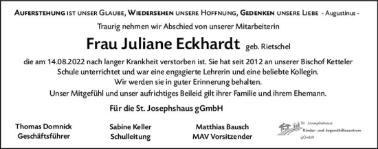 Traueranzeige von Juliane Eckhardt von vrm-trauer Darmstädter Echo