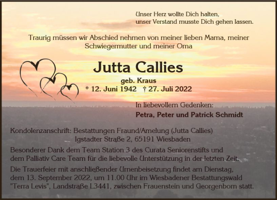 Traueranzeige von Jutta Callies von vrm-trauer Wiesbadener Kurier