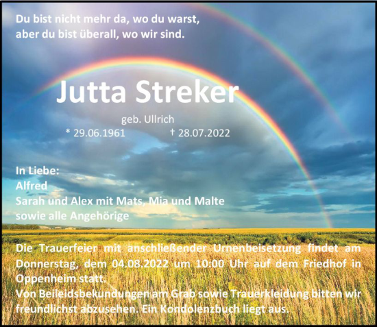 Traueranzeige von Jutta Streker von vrm-trauer AZ Mainz