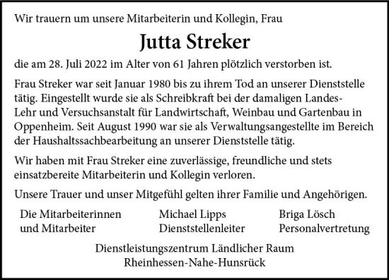 Traueranzeige von Jutta Streker von vrm-trauer AZ Mainz