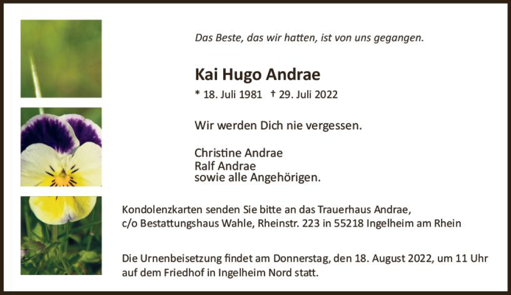  Traueranzeige für Kai Hugo Andrae vom 13.08.2022 aus vrm-trauer Allgemeine  Zeitung Ingelheim-Bingen