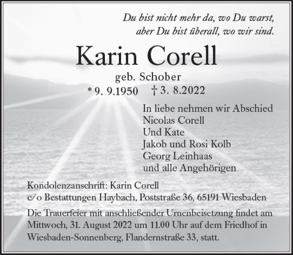 Traueranzeige für Karin Corell vom 20.08.2022 aus vrm-trauer Wiesbadener Kurier