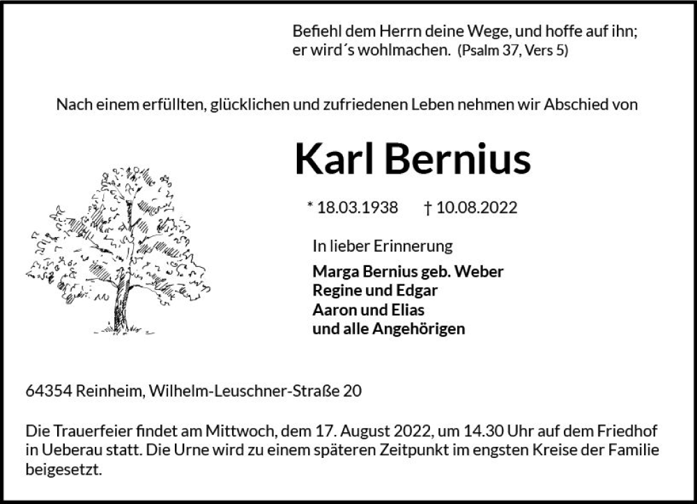  Traueranzeige für Karl Bernius vom 13.08.2022 aus vrm-trauer Darmstädter Echo