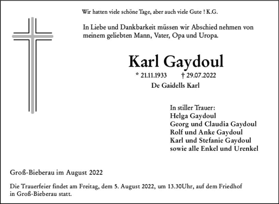 Traueranzeige von Karl Gaydoul von vrm-trauer Odenwälder Echo