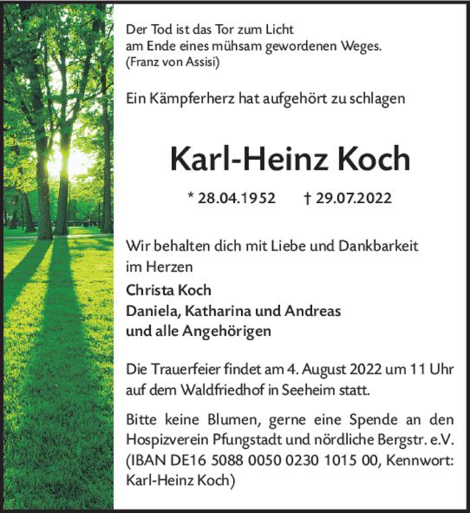  Traueranzeige für Karl-Heinz Koch vom 03.08.2022 aus vrm-trauer Darmstädter Echo