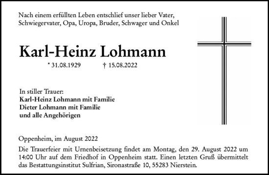 Traueranzeige von Karl-Heinz Lohmann von vrm-trauer AZ Mainz