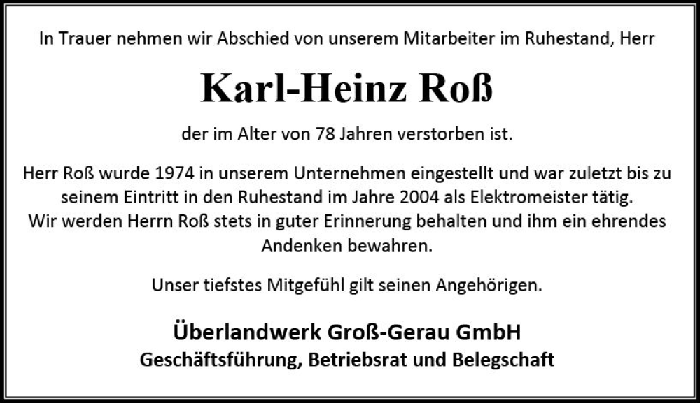  Traueranzeige für Karl-Heinz Roß vom 27.08.2022 aus vrm-trauer Groß-Gerauer Echo