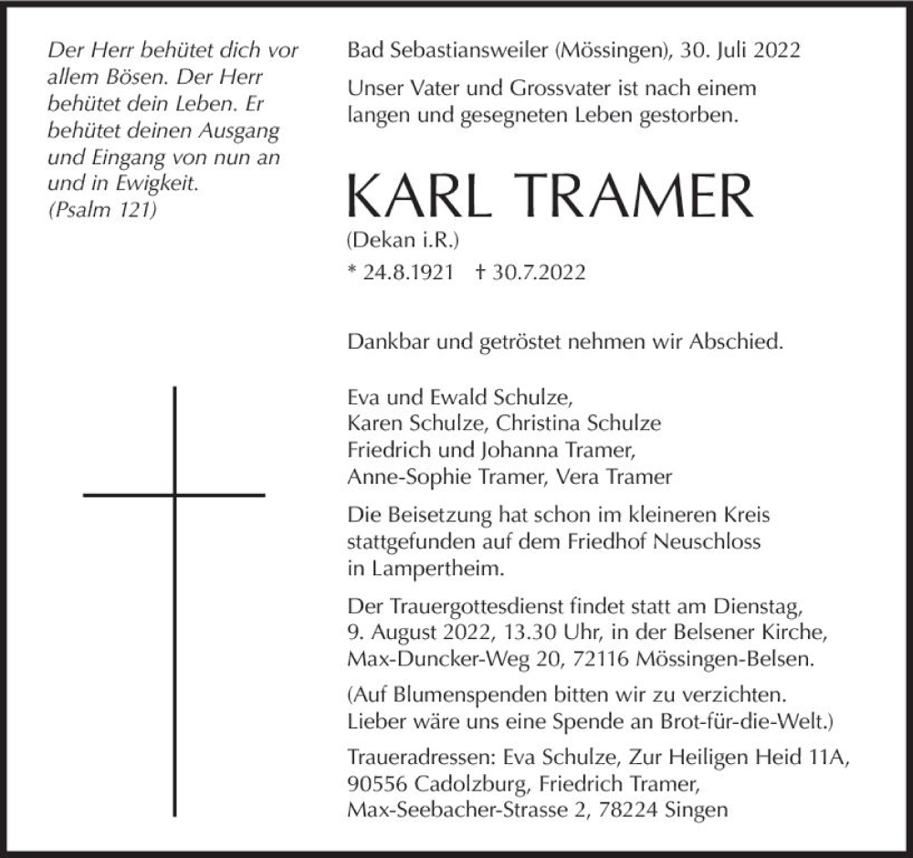  Traueranzeige für Karl Tramer vom 05.08.2022 aus vrm-trauer Bürstädter/Lamperth. Ztg/Starkenburger