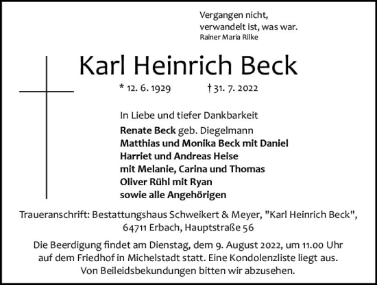 Traueranzeige von Karl Heinrich Beck von vrm-trauer Odenwälder Echo