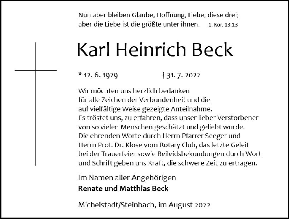  Traueranzeige für Karl Heinrich Beck vom 27.08.2022 aus vrm-trauer Odenwälder Echo