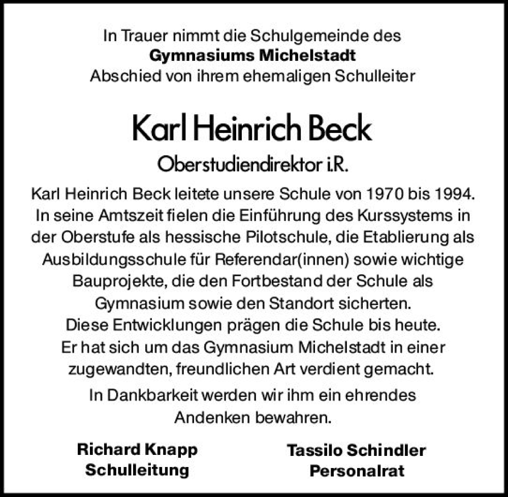  Traueranzeige für Karl Heinrich Beck vom 06.08.2022 aus vrm-trauer Odenwälder Echo