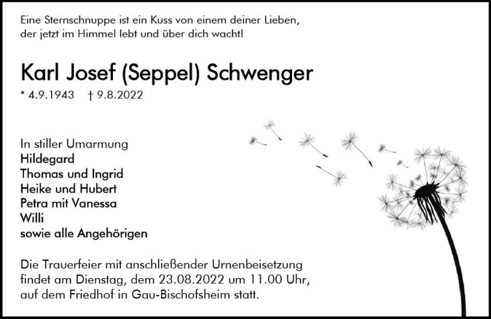  Traueranzeige für Karl Josef Schwenger vom 13.08.2022 aus vrm-trauer AZ Mainz