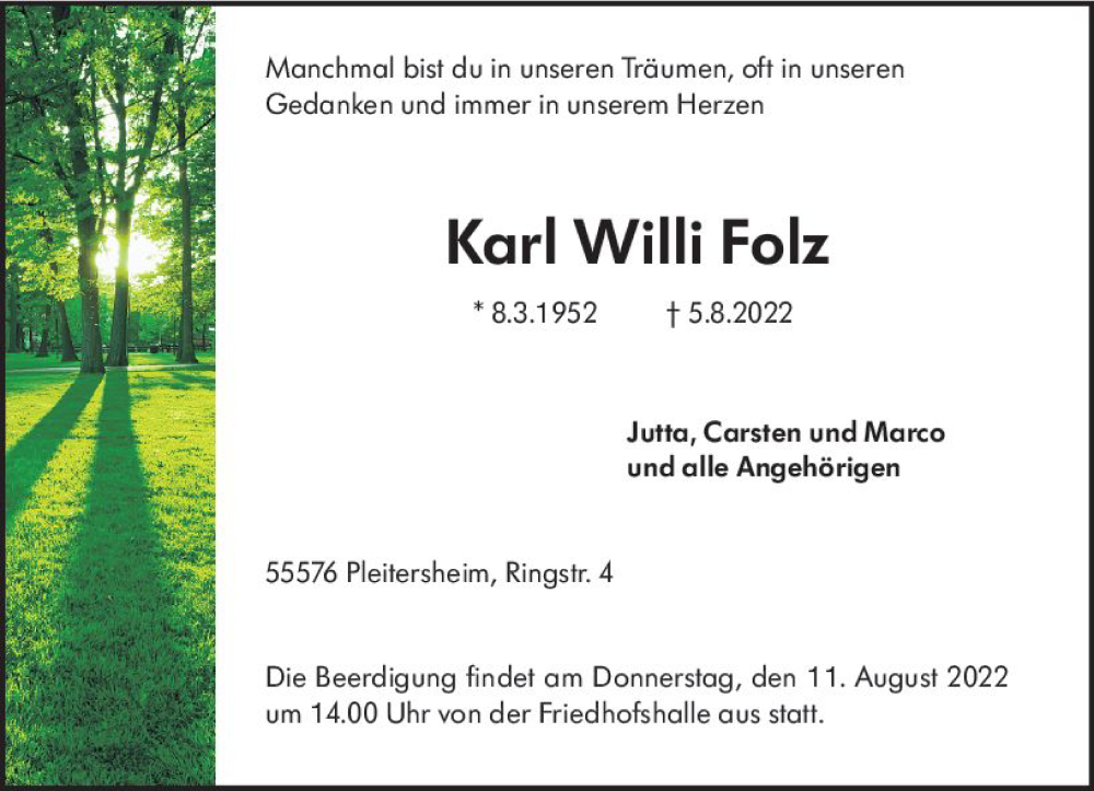  Traueranzeige für Karl Willi Folz vom 09.08.2022 aus vrm-trauer Allg. Zeitung Bad Kreuznach