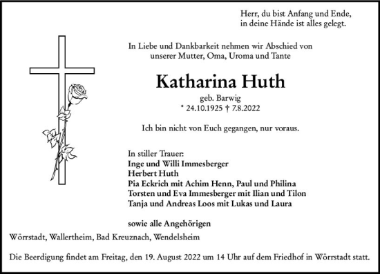 Traueranzeige von Katharina Huth von vrm-trauer Allgemeine Zeitung Alzey