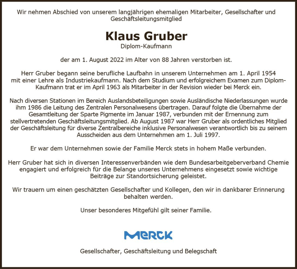  Traueranzeige für Klaus Gruber vom 13.08.2022 aus vrm-trauer Darmstädter Echo