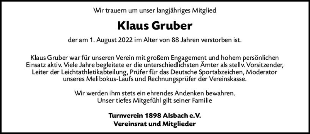  Traueranzeige für Klaus Gruber vom 13.08.2022 aus vrm-trauer Darmstädter Echo