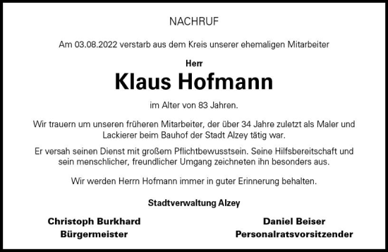 Traueranzeige von Klaus Hofmann von vrm-trauer Allgemeine Zeitung Alzey